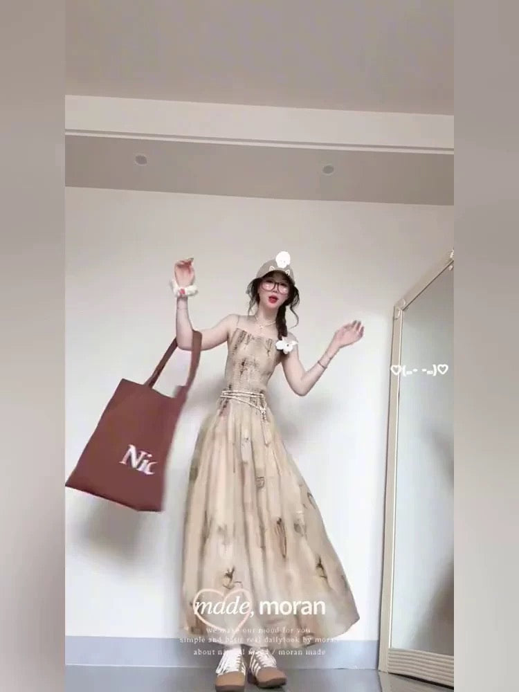 New Chinese style tie-dyed floral suspender dress for women, small size, holiday style, waist-length slimming, retro long dress, temperament summer