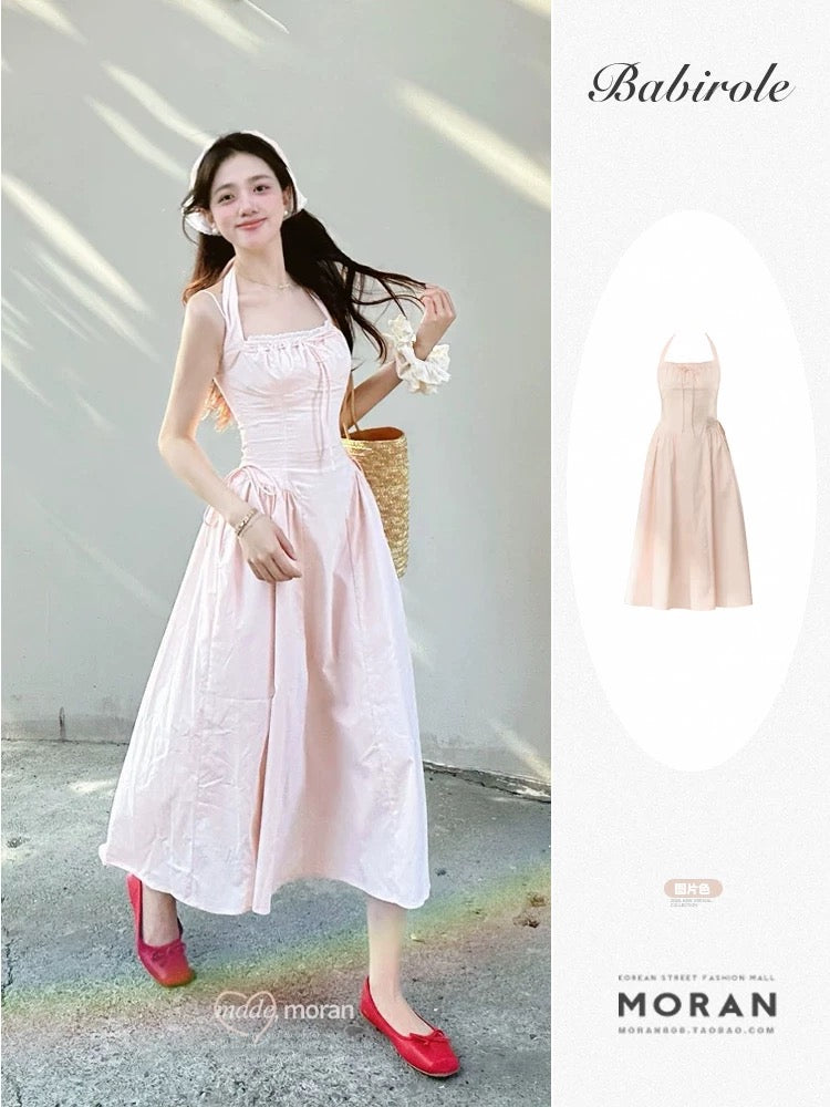 French gentle style light pink halter neck suspender dress summer niche beautiful waist princess long dress petite