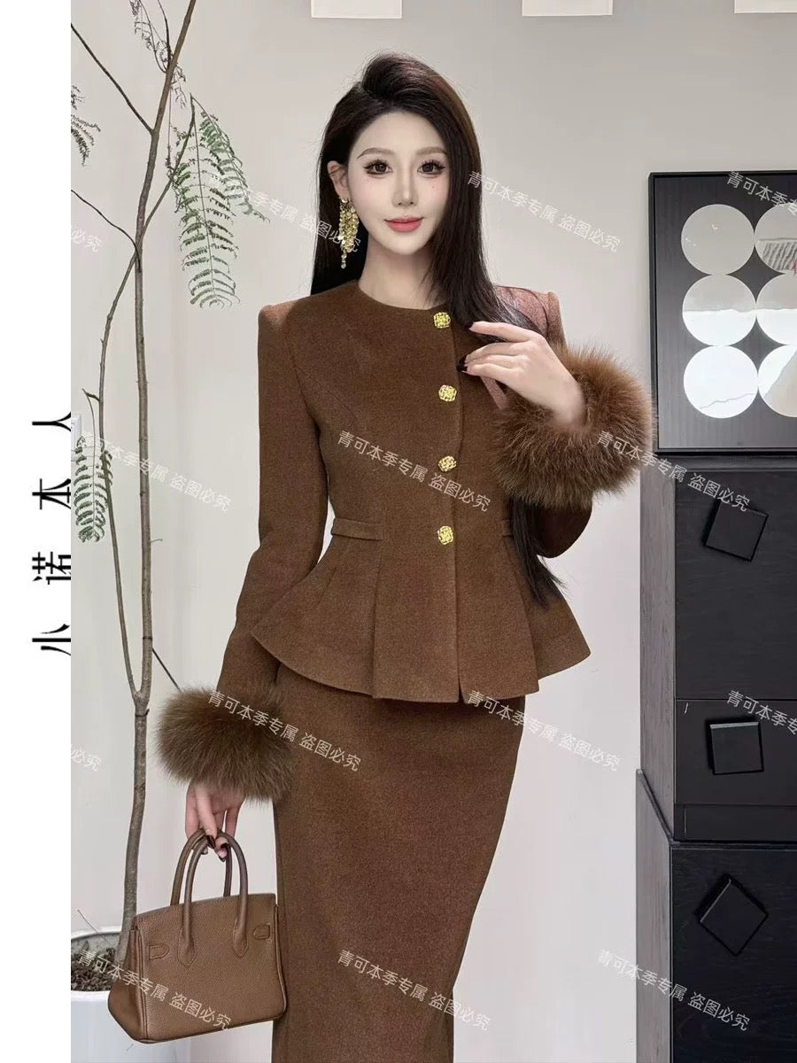 Xiaonuo's own light luxury woolen suit, winter gold-feeling down jacket, high waist, hip-covering long skirt, two-piece set 241044