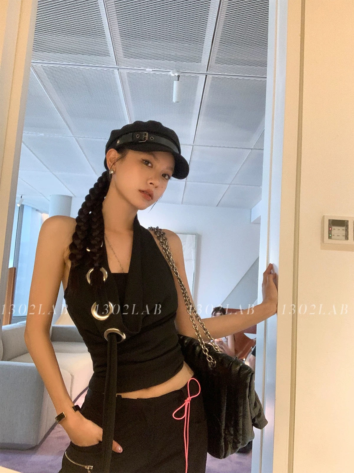 【baby doll】1302LAB American style hottie metal ring halter neck top swing neck camisole