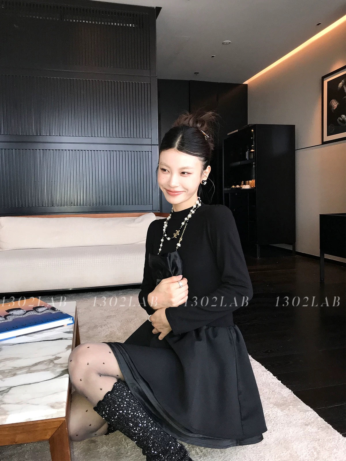 1302LAB Super versatile French little black dress temperament thousand gold knitted stretch dress puffy skirt jacket companion