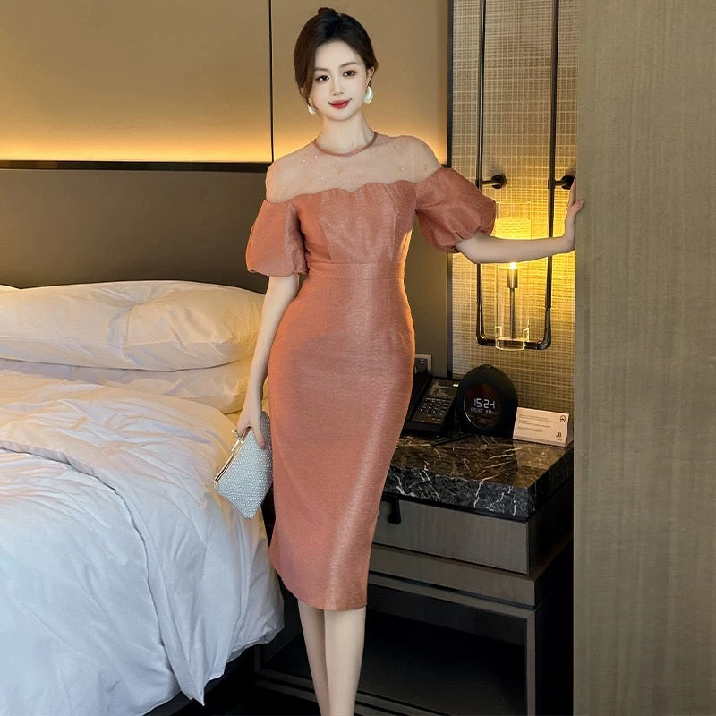 European website mesh splicing dress for women summer 2024 new heavy industry diamond puff sleeves slim hip skirt