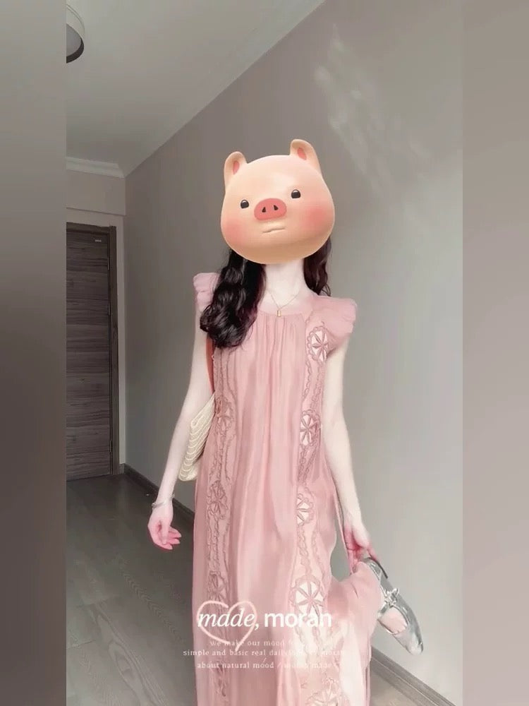 Tea break French style small flying sleeve dress summer women's clothing 2025 new style high-end temperament loose slim long skirt