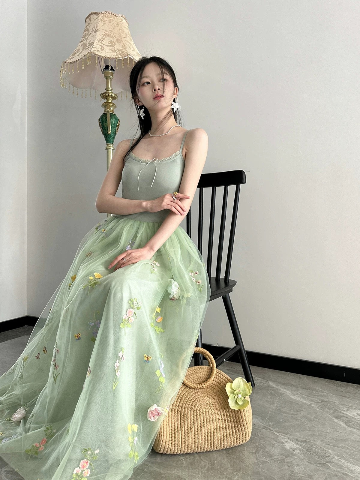 Wind and Smoke/Spring is Coming Original Bean Green Heavy Industry 3-meter swing Three-layer mesh ballet-feeling puffy long skirt for women