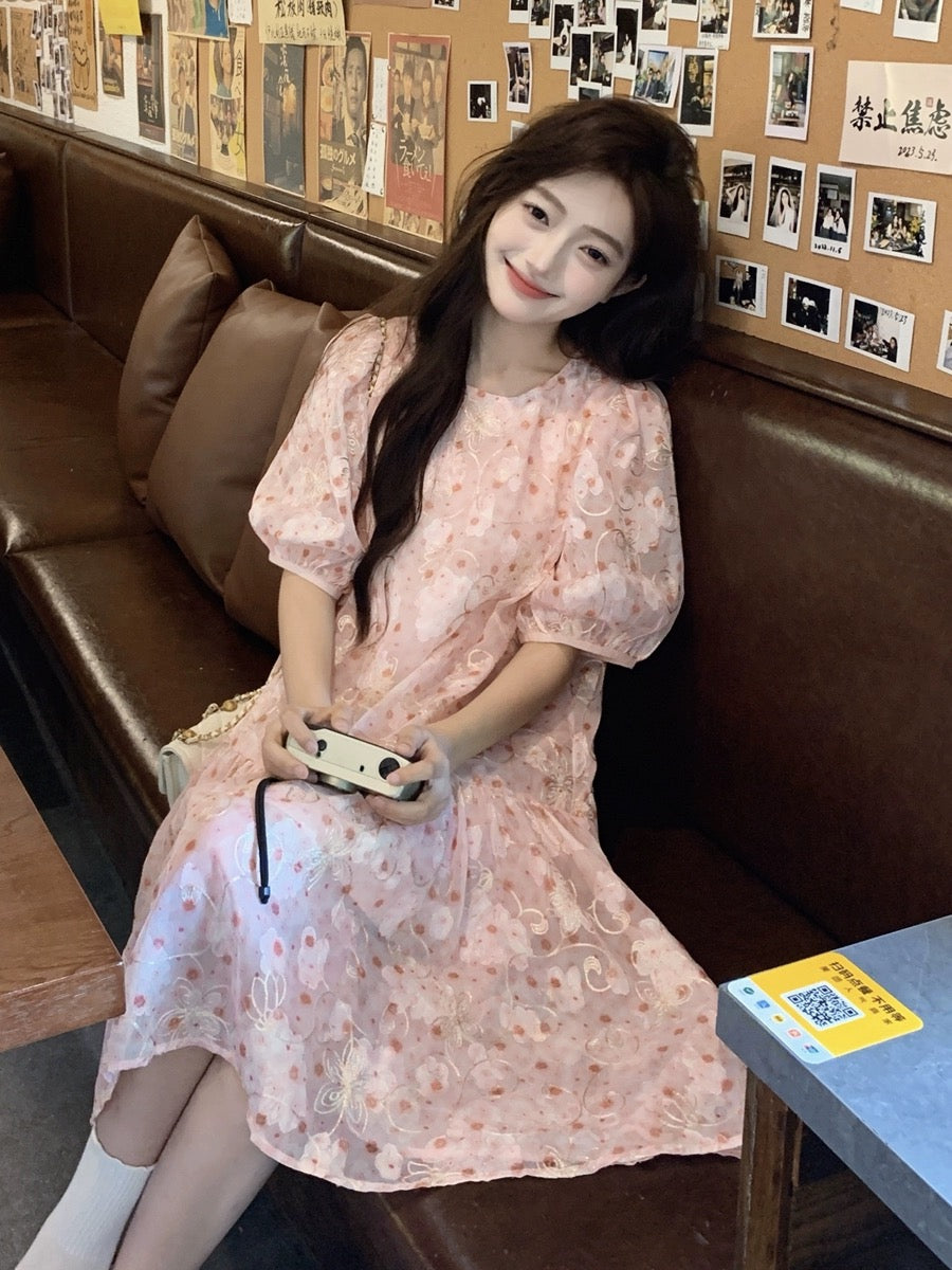 French pink floral dress for women summer 2024 new first love pure milky sweet puff sleeve mid-length babydoll dress