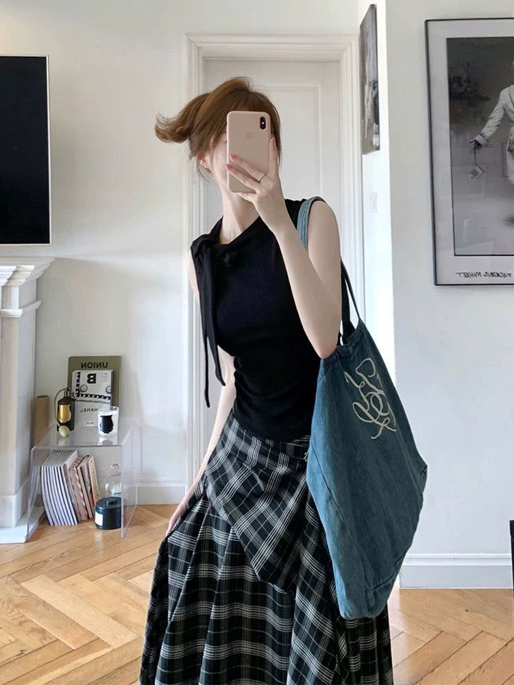 Summer suit for women 2025 new style one set black vest top plaid irregular skirt two-piece suit