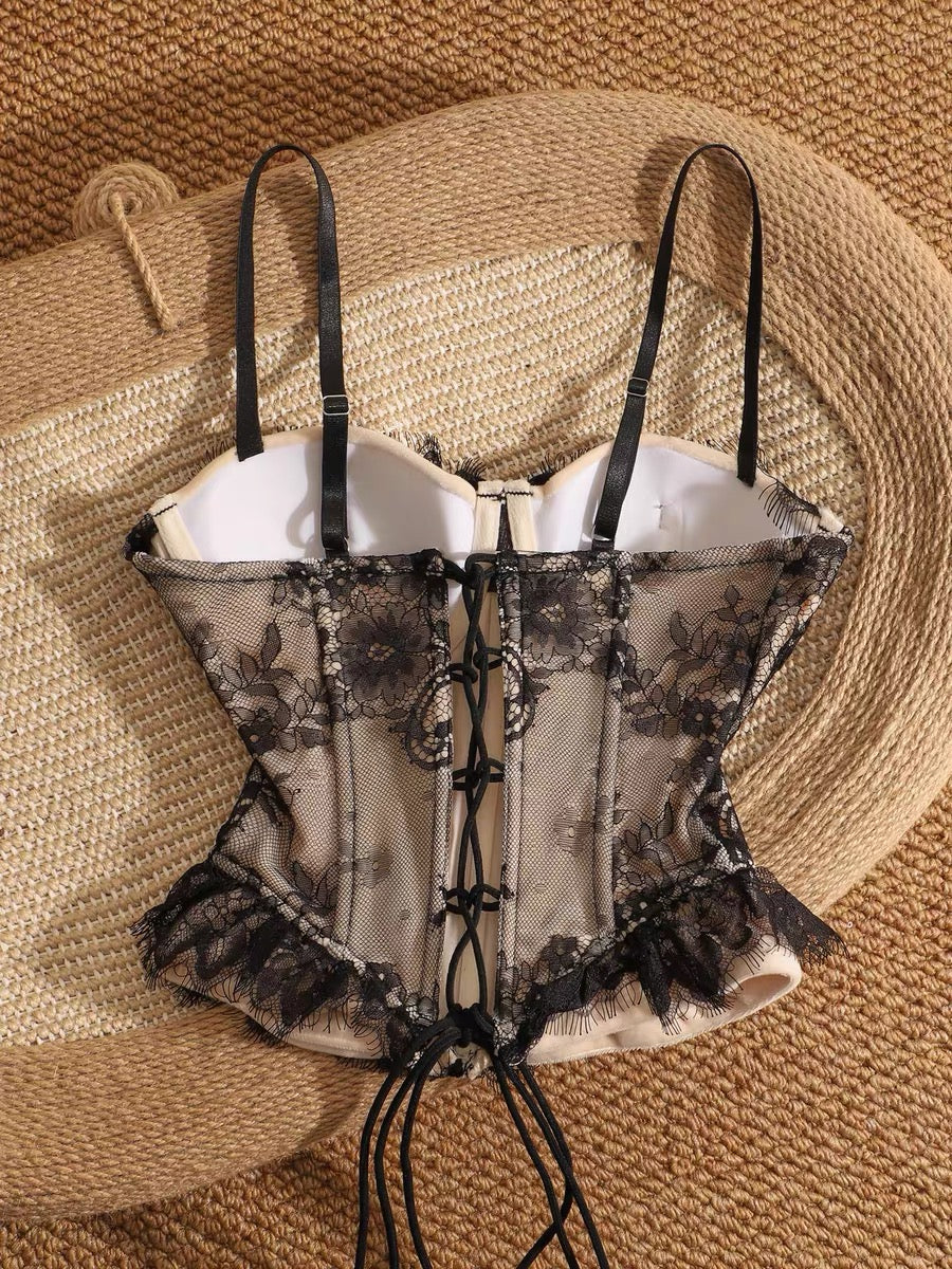 French-style lace embroidery crochet camisole, women's inner and outer wear, short design, niche sleeveless strapless top