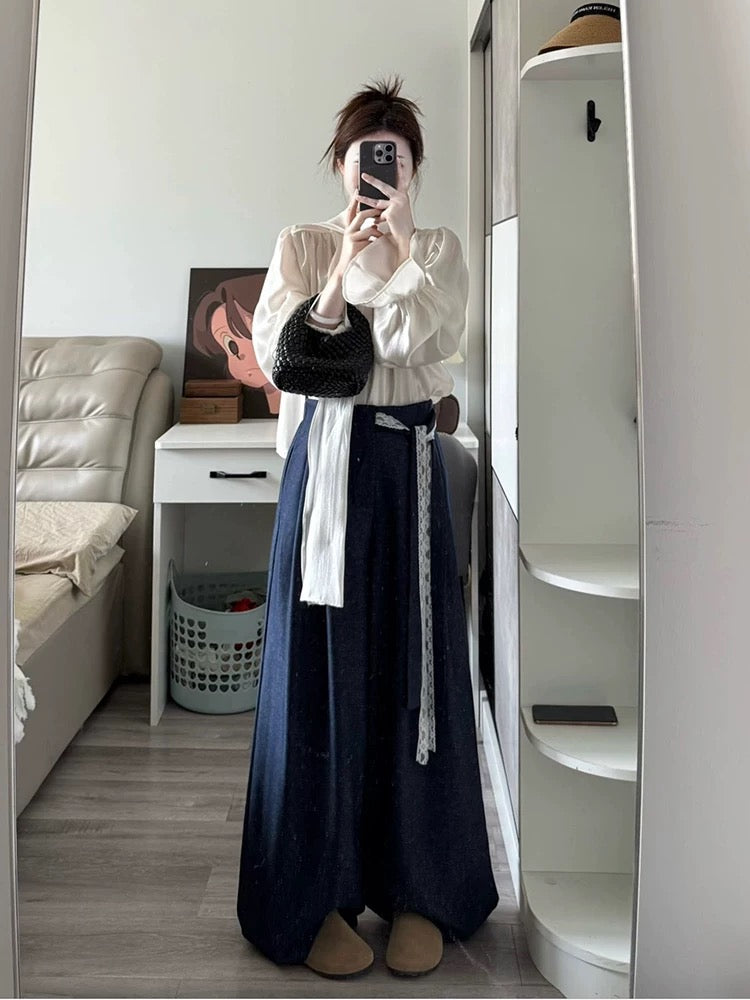 A complete set of high-end suits for the beginning of spring: white ribbon trumpet sleeve shirt, high waist wide leg pants, two-piece suit