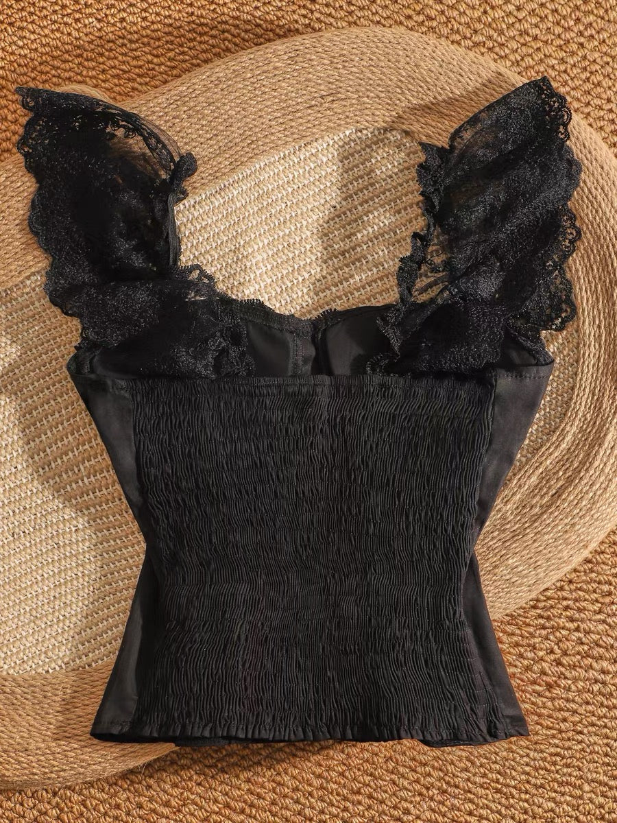 Black lace cropped camisole top, a unique design for women, slimming and flattering, perfect for a sexy look.