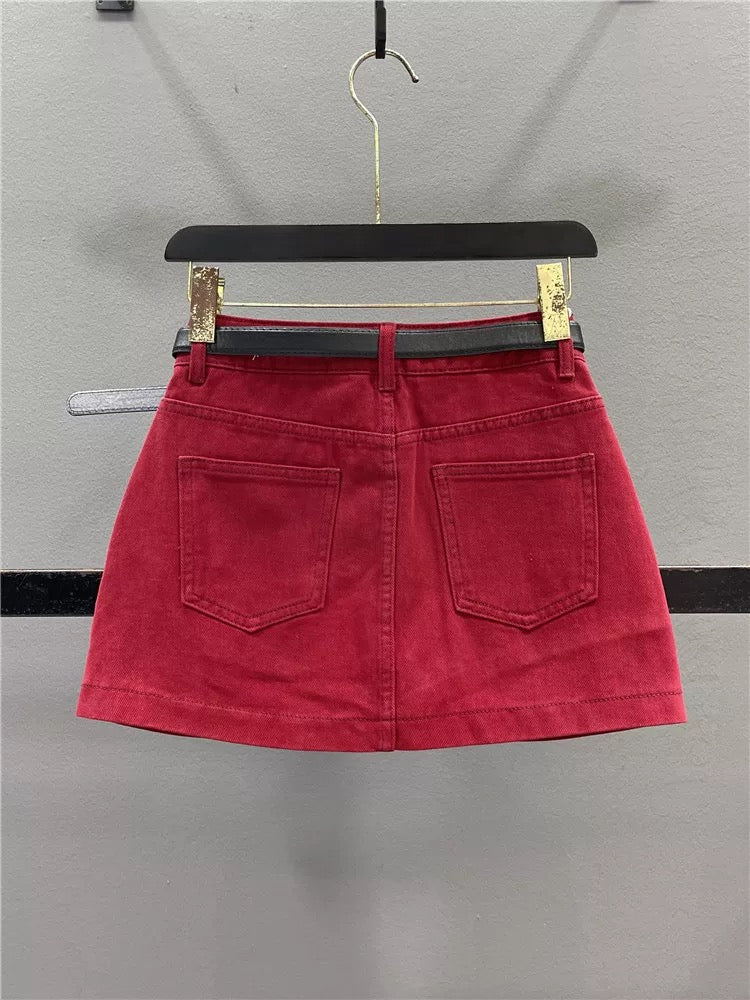 Fashionable red denim skirt for women 2025 summer new style pleated design slimming hot girl A-line hip skirt
