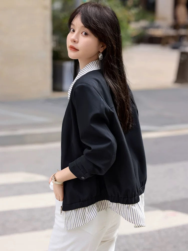 Mohan Yimei contrast color striped stitching workwear style women's jacket 2025 spring new design long sleeve women's jacket