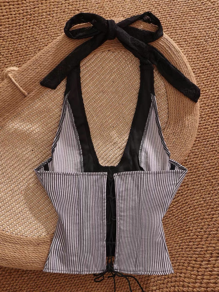 2026 Spring Halter Striped Tank Top for Women, Sexy, Slimming, and Color-Blocked, Perfect for Inner Wear or Outer Wear
