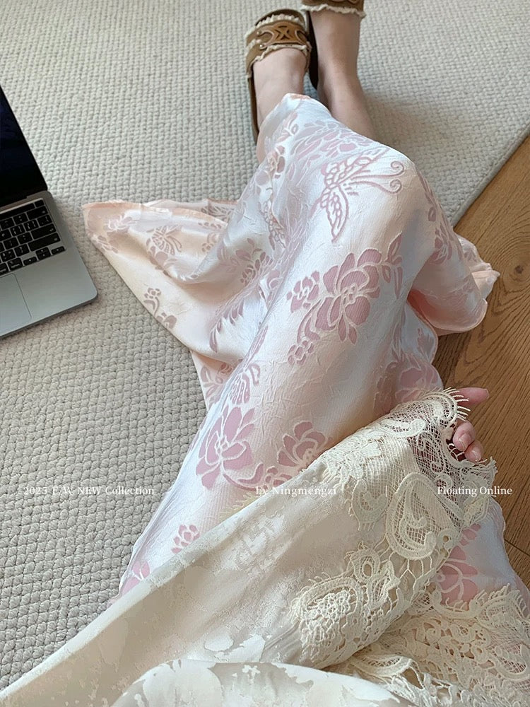 Pink velvet jacquard new Chinese style fishtail skirt for women, 2025 spring new style French high-end temperament long skirt