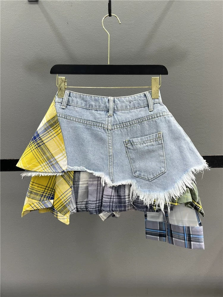 Zhang Yuanying and Zhao Zhaoyi same style skirt for women 2024 summer irregular splicing culottes hot girl denim short skirt trendy
