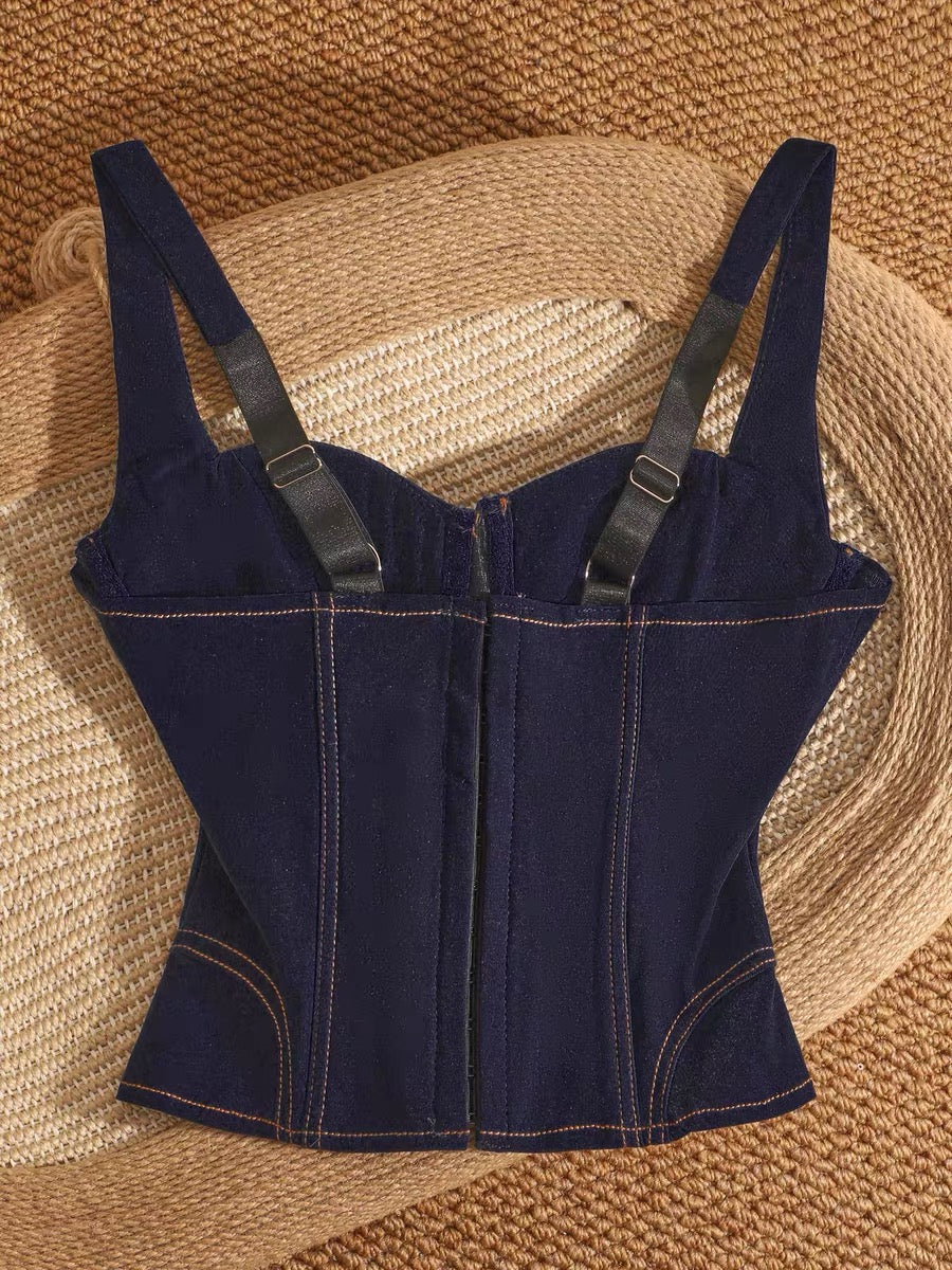 Lace-up sexy denim tank top with a cinched waist, short style, suitable for layering or wearing on its own, unique design, slim fit, and flattering.