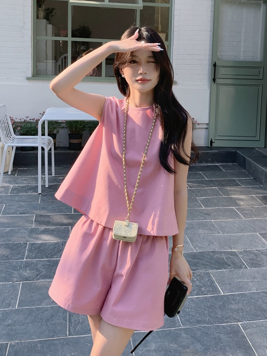 Pink sleeveless top shorts suit for women summer 2024 new style this year's popular slimming royal sister style sweet and cool two-piece set