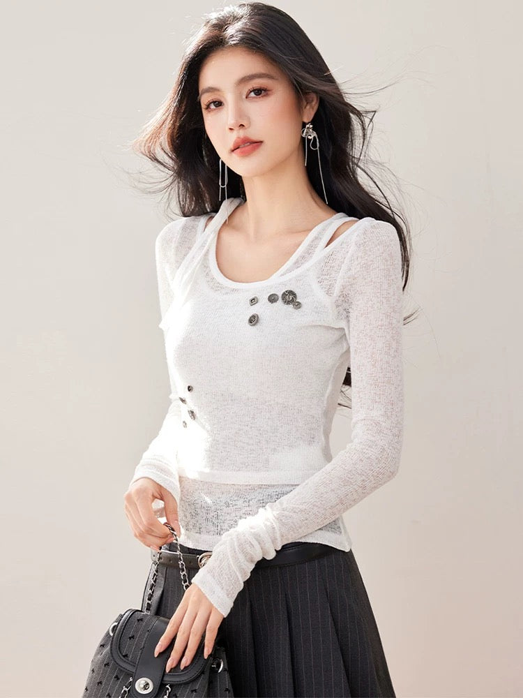 Very good-looking fake two-piece slim-fit thin knitted T-shirt for women's autumn design unique and chic cardigan top
