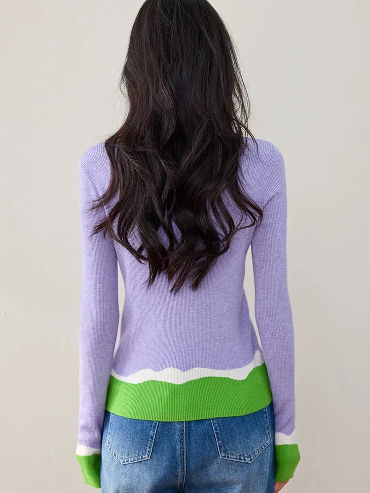 Purple long-sleeved sweater for women, new Korean style for autumn and winter, slim fit, color matching bottoming sweater, inner top