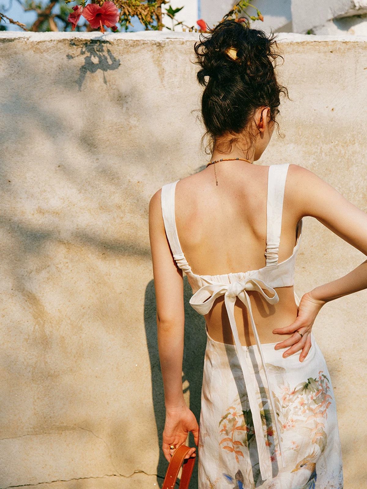 【Born to Be the Star】100% Linen Resort Style Backless Floral and Bird Print Elegant French-Style Sundress