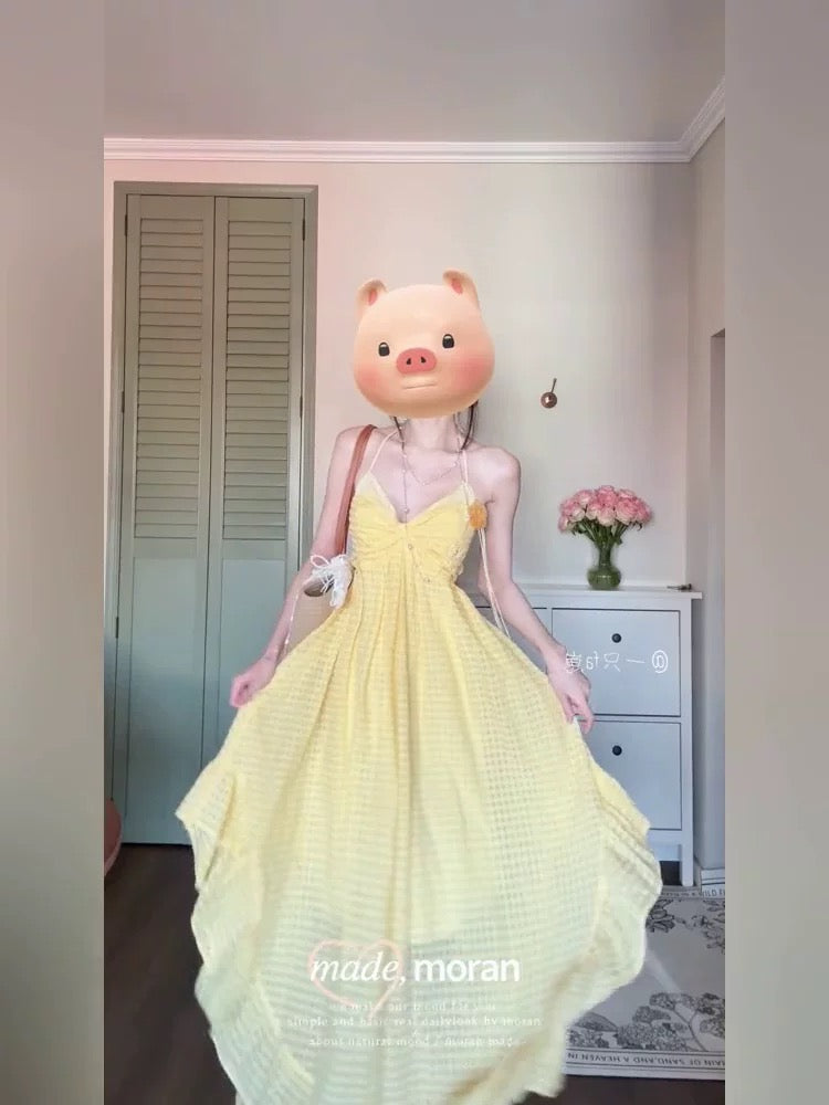 Stunning summer beach vacation sundress, irregular beach maxi dress, women's fitted waist design, unique yellow.
