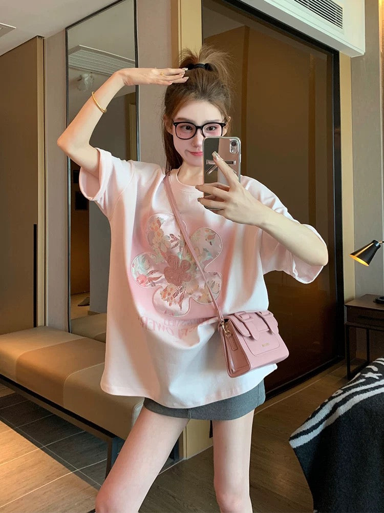 Pink Chinese style flower short-sleeved T-shirt female 2025 new summer design niche shoulder new Chinese style top ins