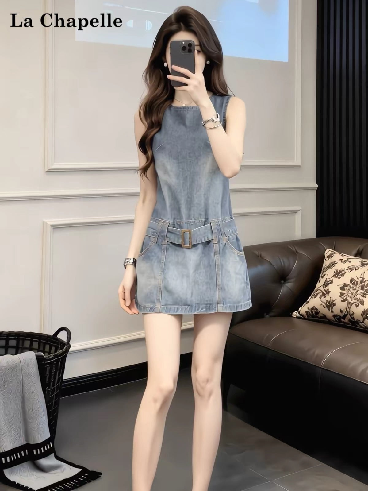La Chapelle Sleeveless Washed Grey-Blue Denim Dress – Summer Round-Neck, Waist-Cinching Style (Petite-Friendly & Youthful Look)
