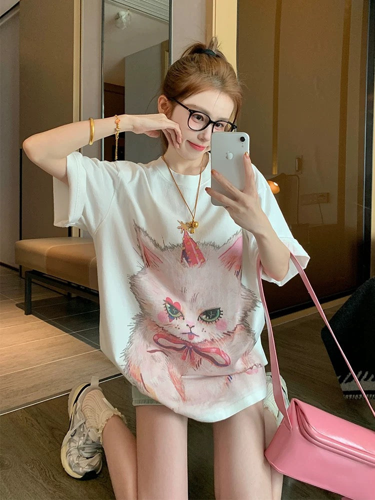 White cat pure cotton short-sleeved T-shirt female 2025 new spring and summer design niche loose casual half-sleeved top