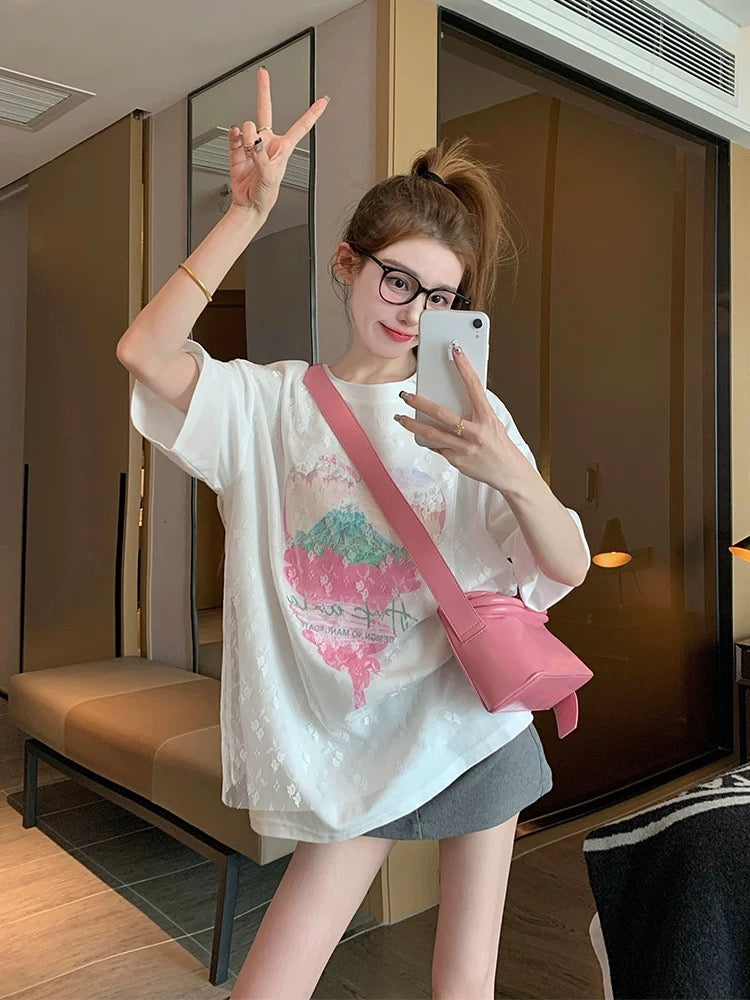 Design sense white lace splicing short-sleeved T-shirt women's summer loose casual versatile slim Korean style half-sleeved top