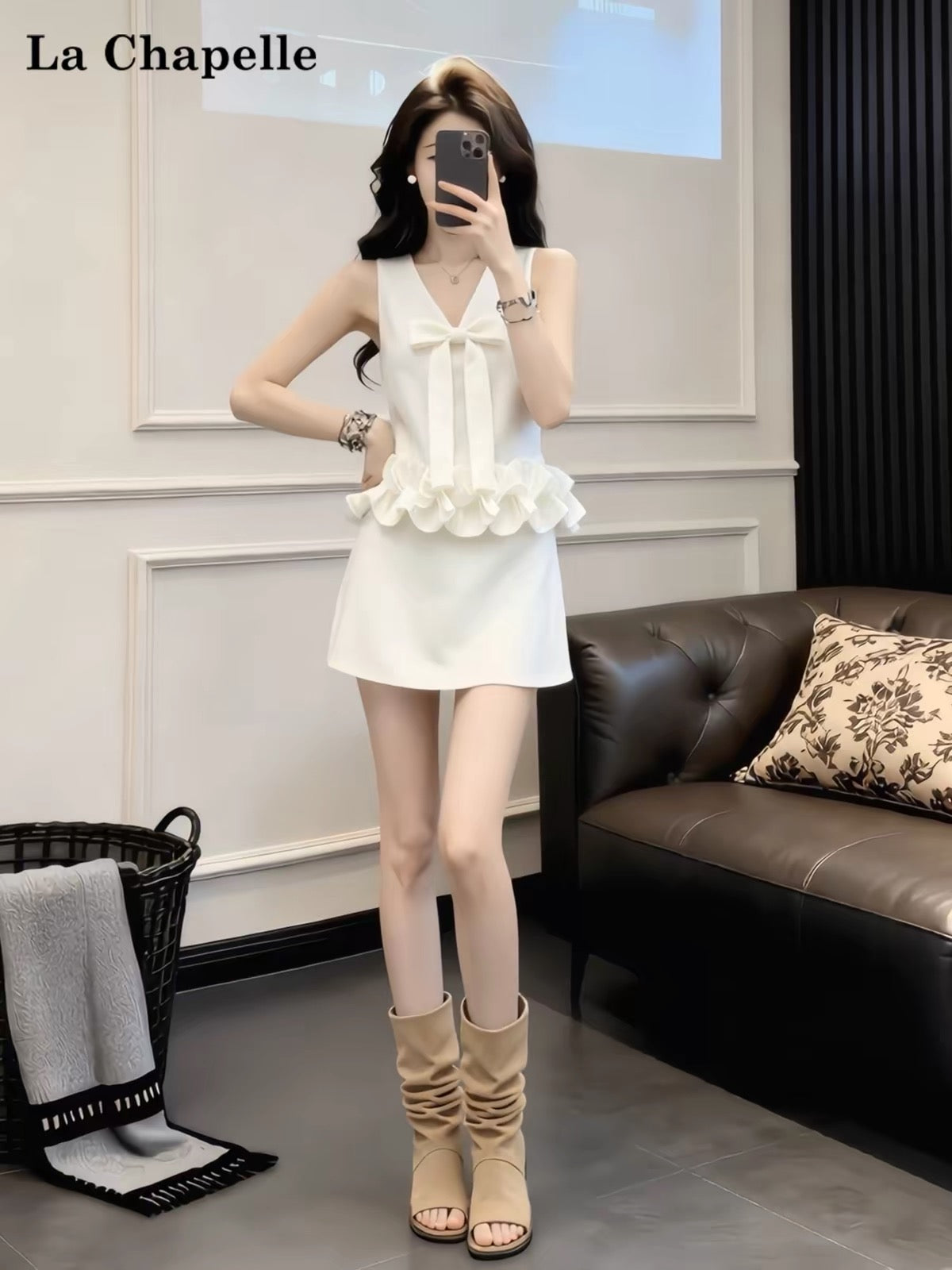 La Chapelle "Sweet & Innocent" Style Two-Piece Set: White Sleeveless V-Neck Ruffled Top and High-Waisted Mini Skirt