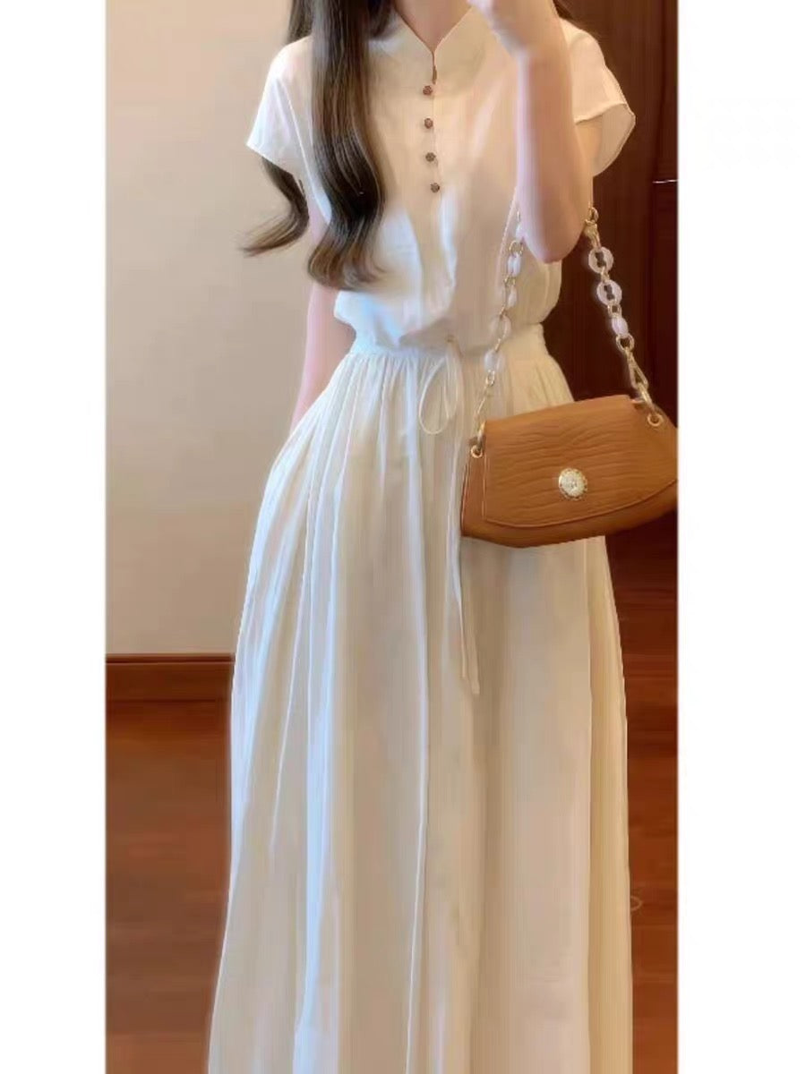 New Chinese style two-piece set, button-down top with drawstring hem, women's elastic waist skirt, summer set.