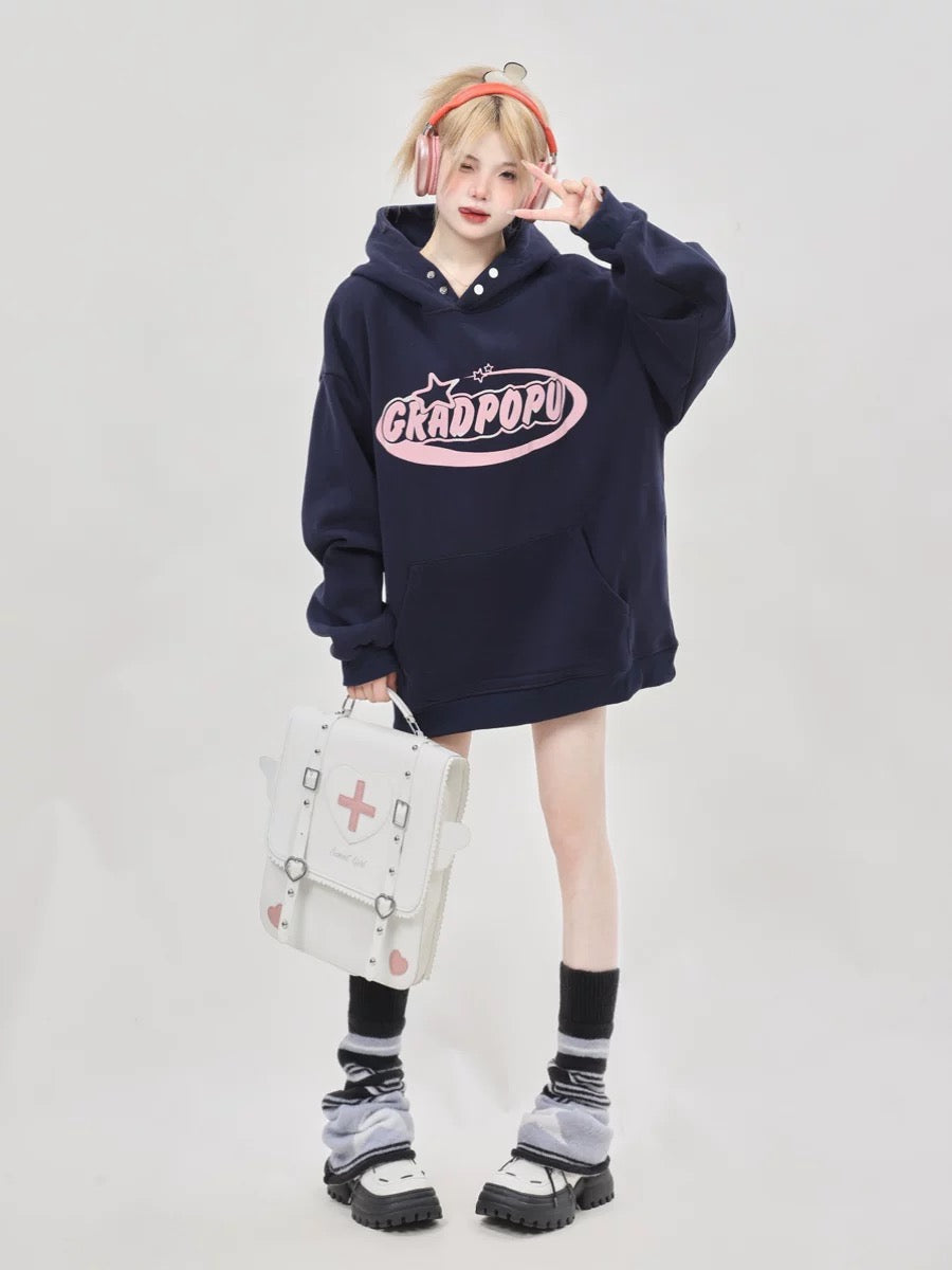 American loose and high-end baby blue sweatshirt plus velvet and thickened women's autumn and winter 2024 new popular hooded top