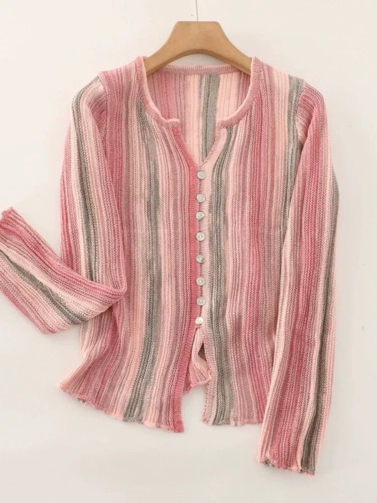 Gradient tie-dye striped thin sweater for women 2025 autumn new color matching sunscreen cardigan long-sleeved V-neck top