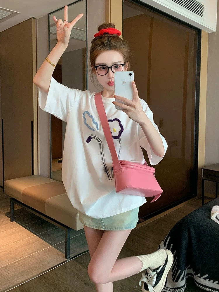 White pure cotton short-sleeved T-shirt for women 2025 new summer European goods large version fashionable loose casual tall tops
