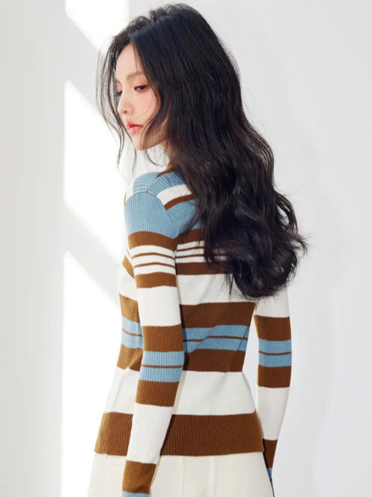 French retro polo collar striped knitted cardigan autumn women's tops slim fit soft and comfortable outer sweater