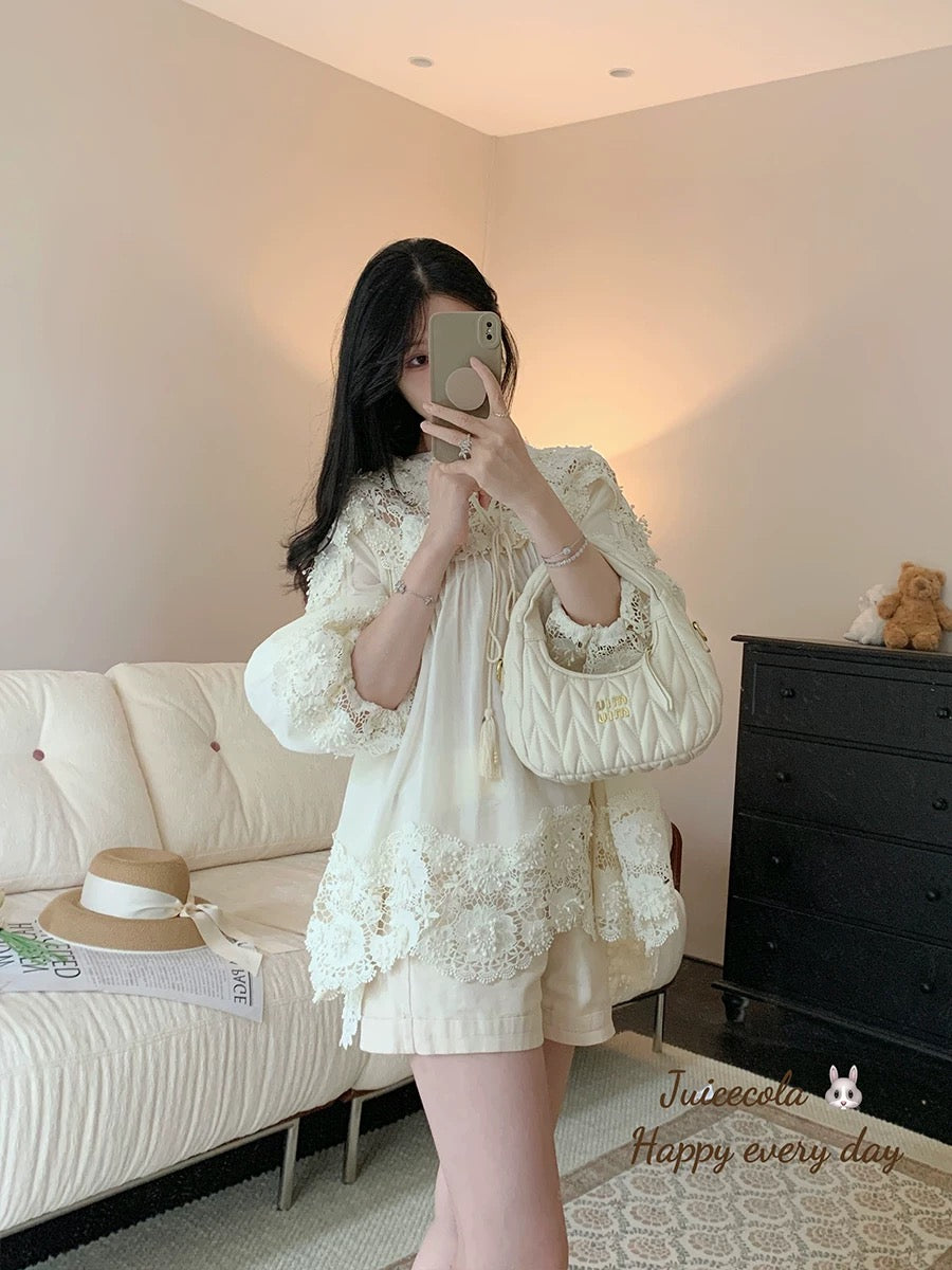 Juicecola high-end stylish age-reducing hollow lace embroidered shirt design light luxury chic top