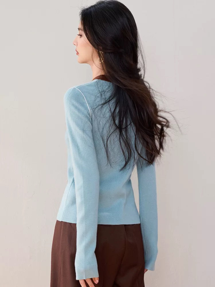 Korean style splicing contrast color long-sleeved bottoming sweater women 2025 autumn and winter slim warm super hot sweater temperament top