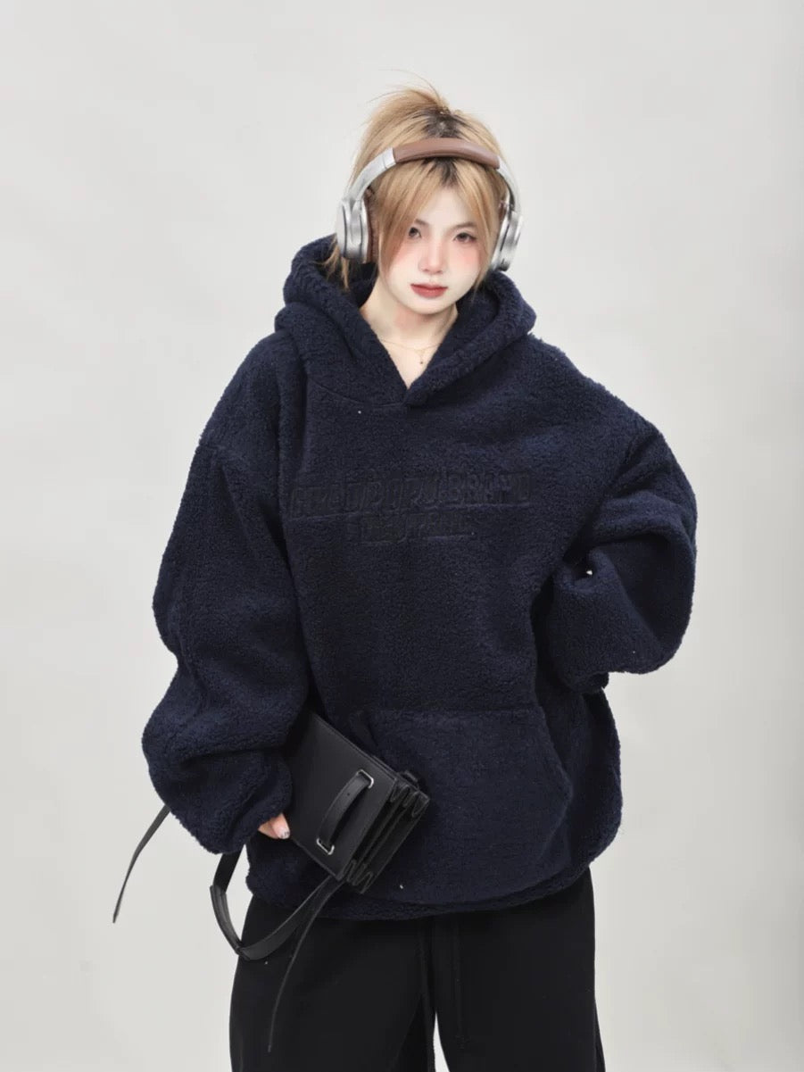 American retro autumn and winter loose pink polar fleece lamb wool sweatshirt for women plus velvet and thickened hooded lamb fleece top