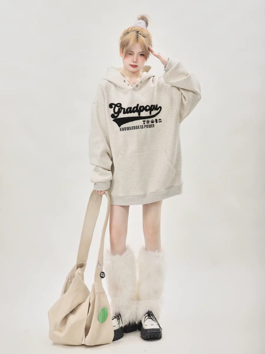Lazy style oversize letter embroidered gray sweatshirt for women spring and autumn American retro hooded heavyweight couple tops
