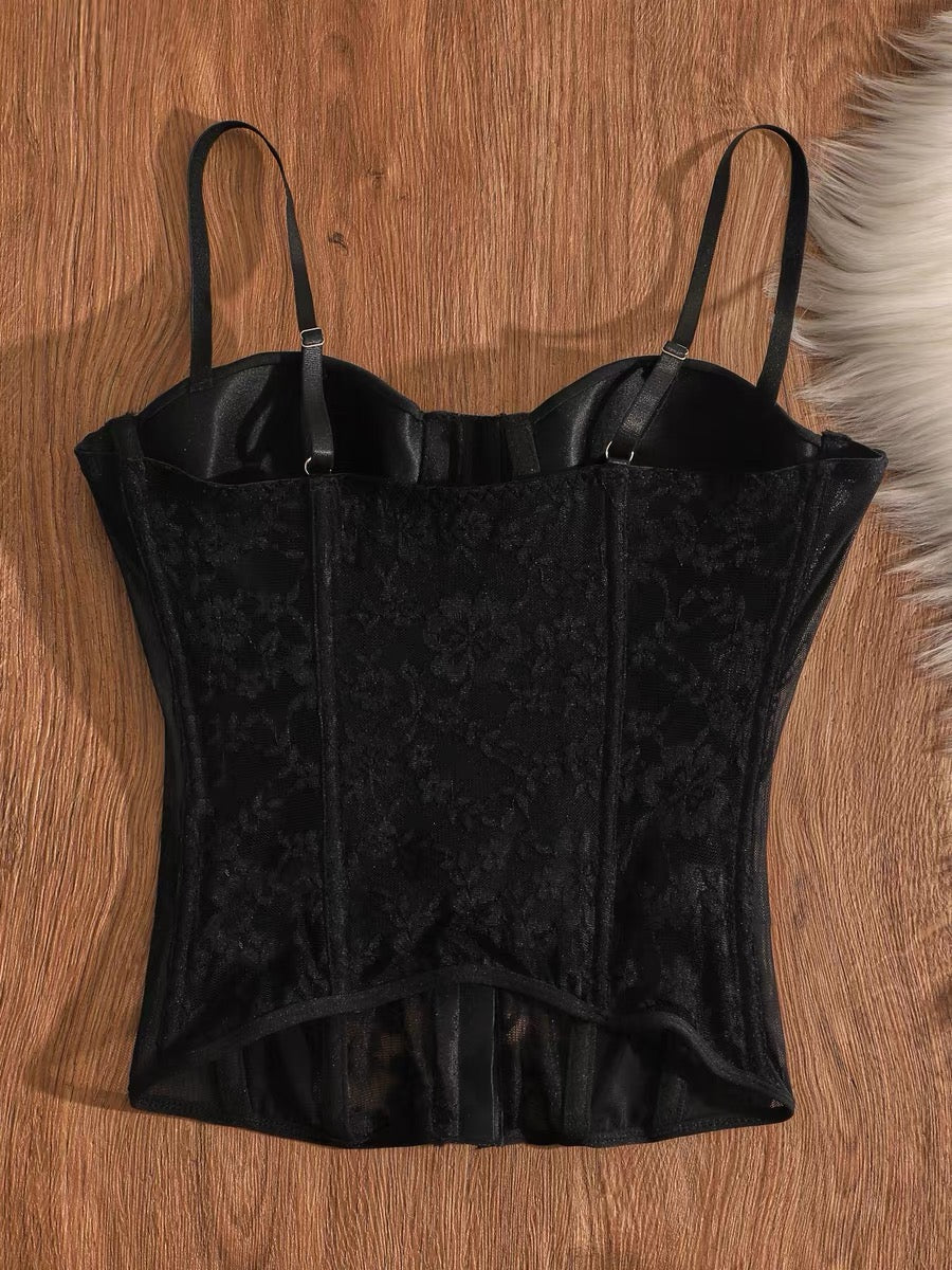 Black fishbone corset camisole top with lace trim, padded bra, and can be worn as an inner or outer layer. A unique and stylish top.