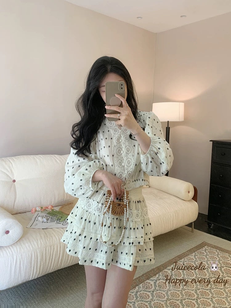 juicecola French romantic sweet embroidered lace patchwork top cake skirt temperament lady two-piece suit