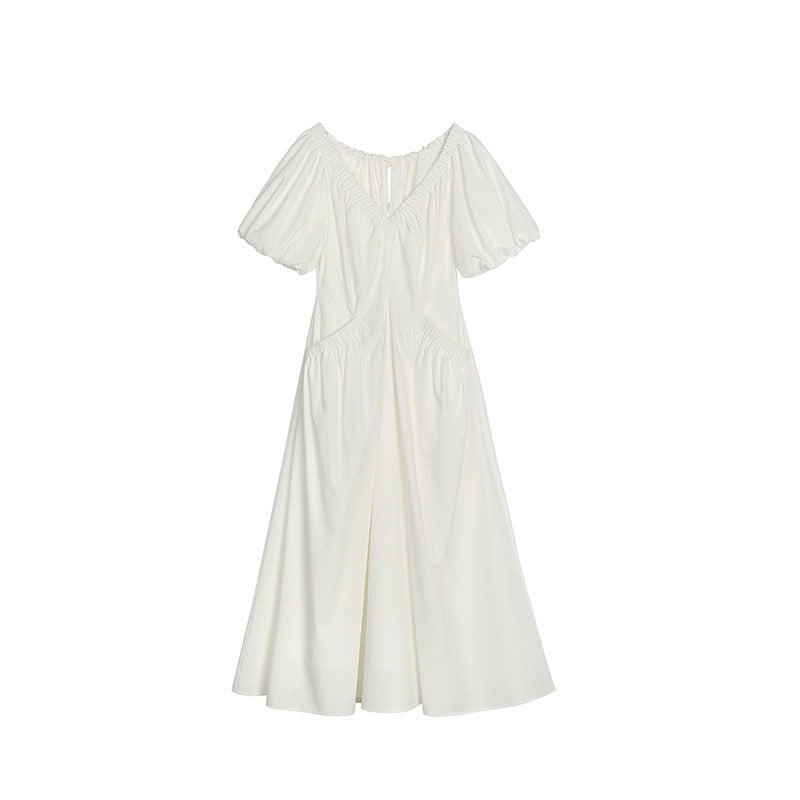 Xia Shiwen Alice's Dream Lyocell V-neck Puff Sleeve Two-Wear Pink Waist A-Line Dress for Women Summer