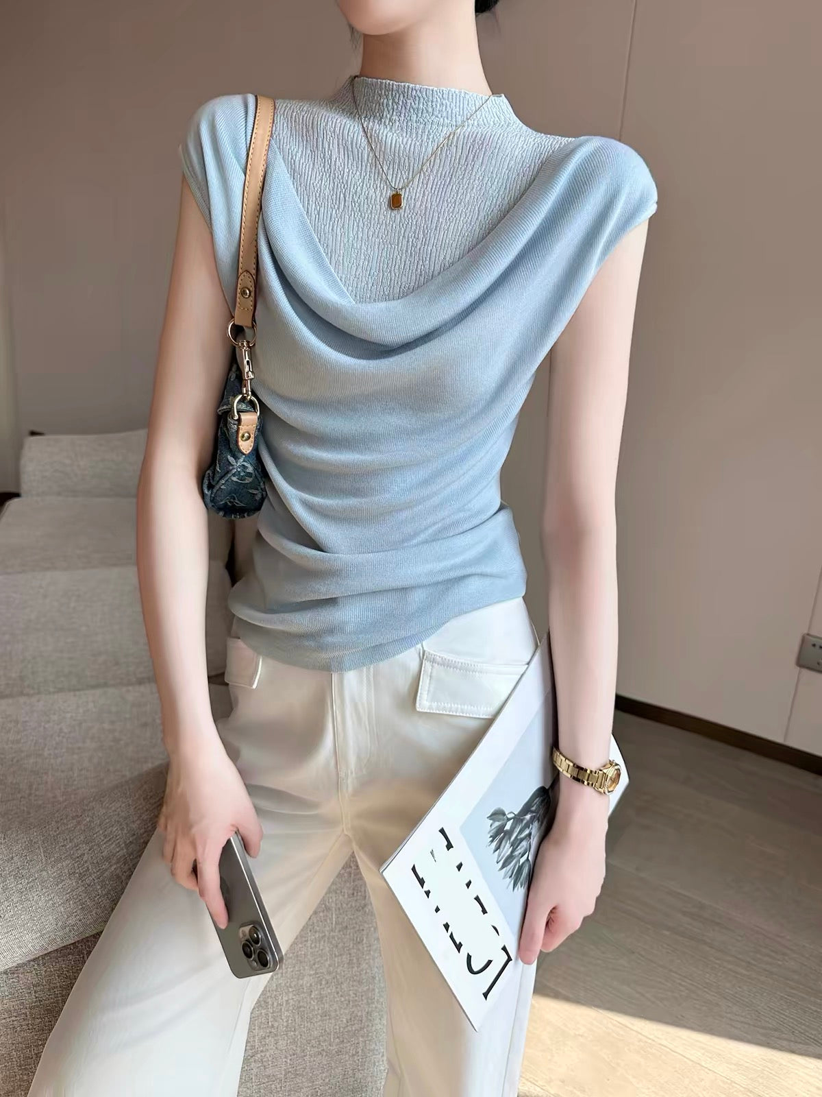 PINKEEN Women's Light Blue Sleeveless Knit Top – 2026 Summer New Arrival: Paneled, Skin-Friendly, Breathable, and Slim-Fit Design