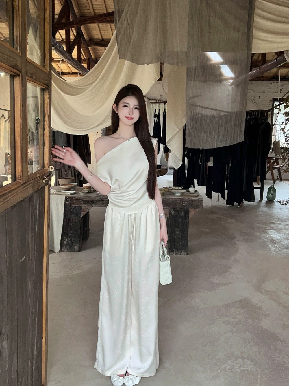 FairyJiang Summer Satin Printed White High Waisted Wide Leg Pants Women's Thin Loose Drawstring Floor-Mopping Casual Pants
