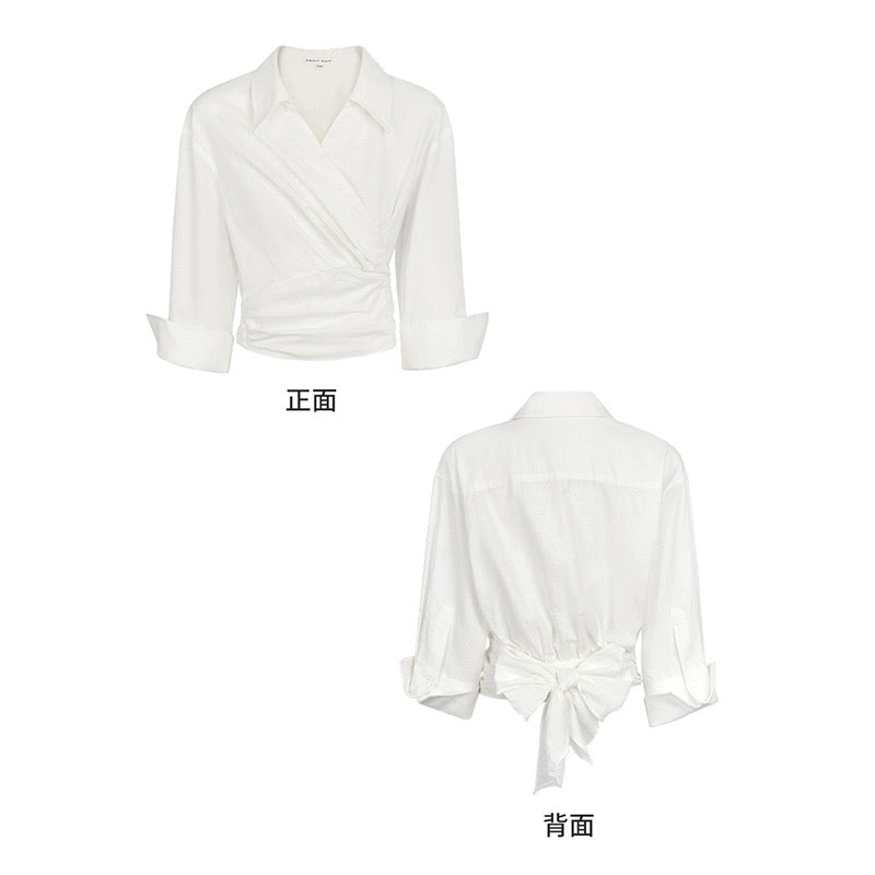 Xia Shiwen Blues Blues cotton and linen blended shirt women's design wrap-style three-quarter sleeve strappy top