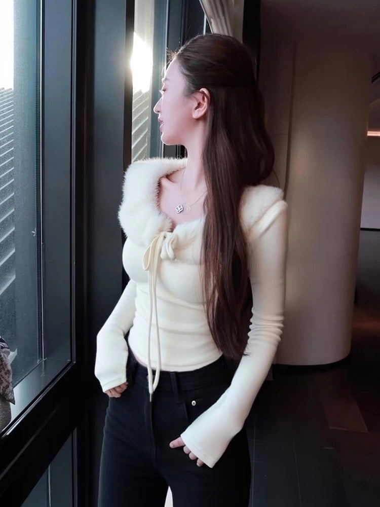 Autumn/Winter French-style soft white fur collar tie-front slim fit base layer top for women, high-end long-sleeved top