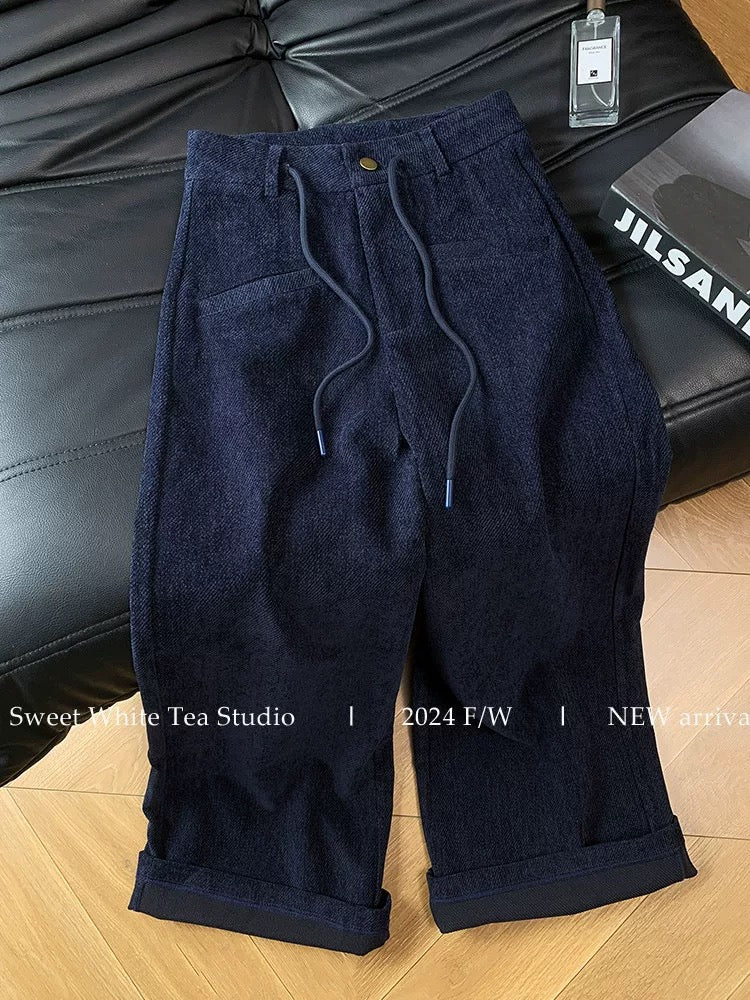 Find a bargain in Nanyou! Retro high-waisted, drawstring, loose-fitting wide-leg trousers in blue corduroy, women's casual pants.