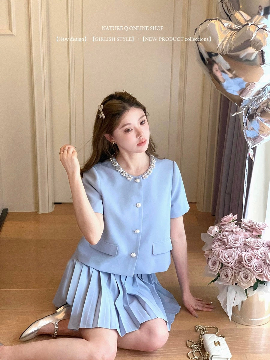 Yang Xiaojuan's French style rich daughter Xiaoxiang style suit women's summer jacket high-end top two-piece set pleated culottes