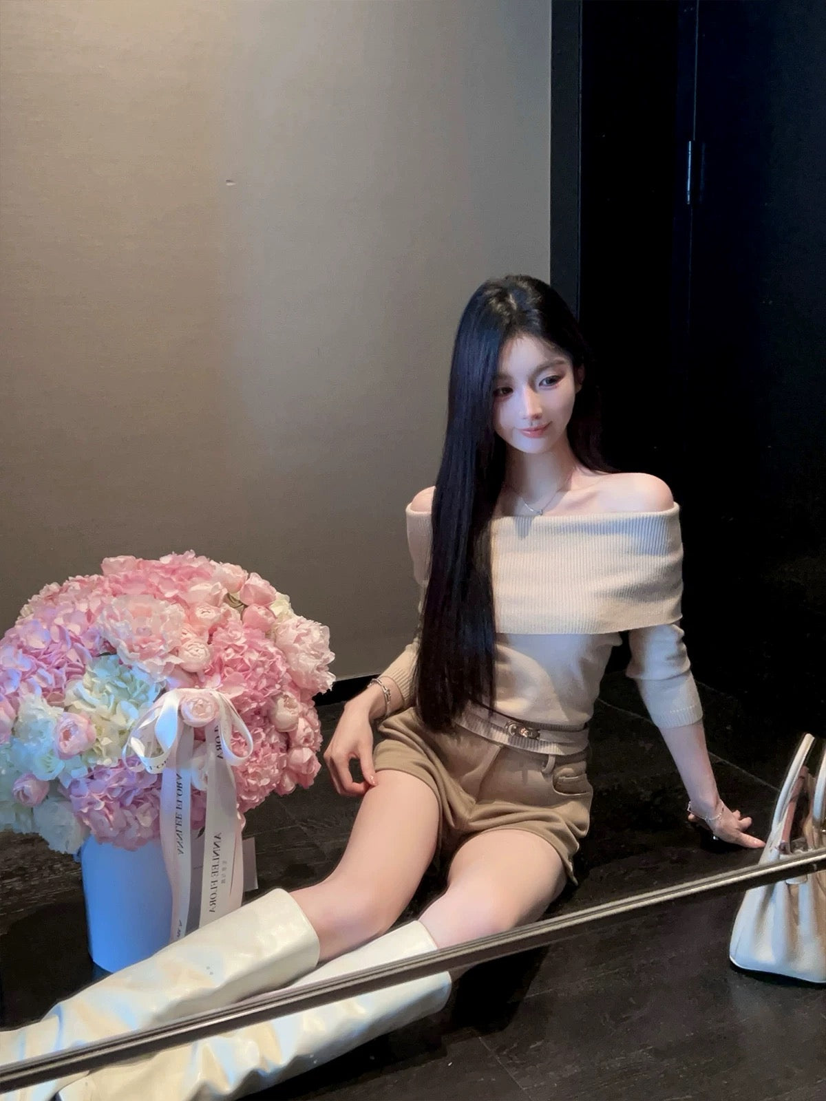 FairyJiang new winter temperament one-shoulder sweater top for women with slim sweater, including belt