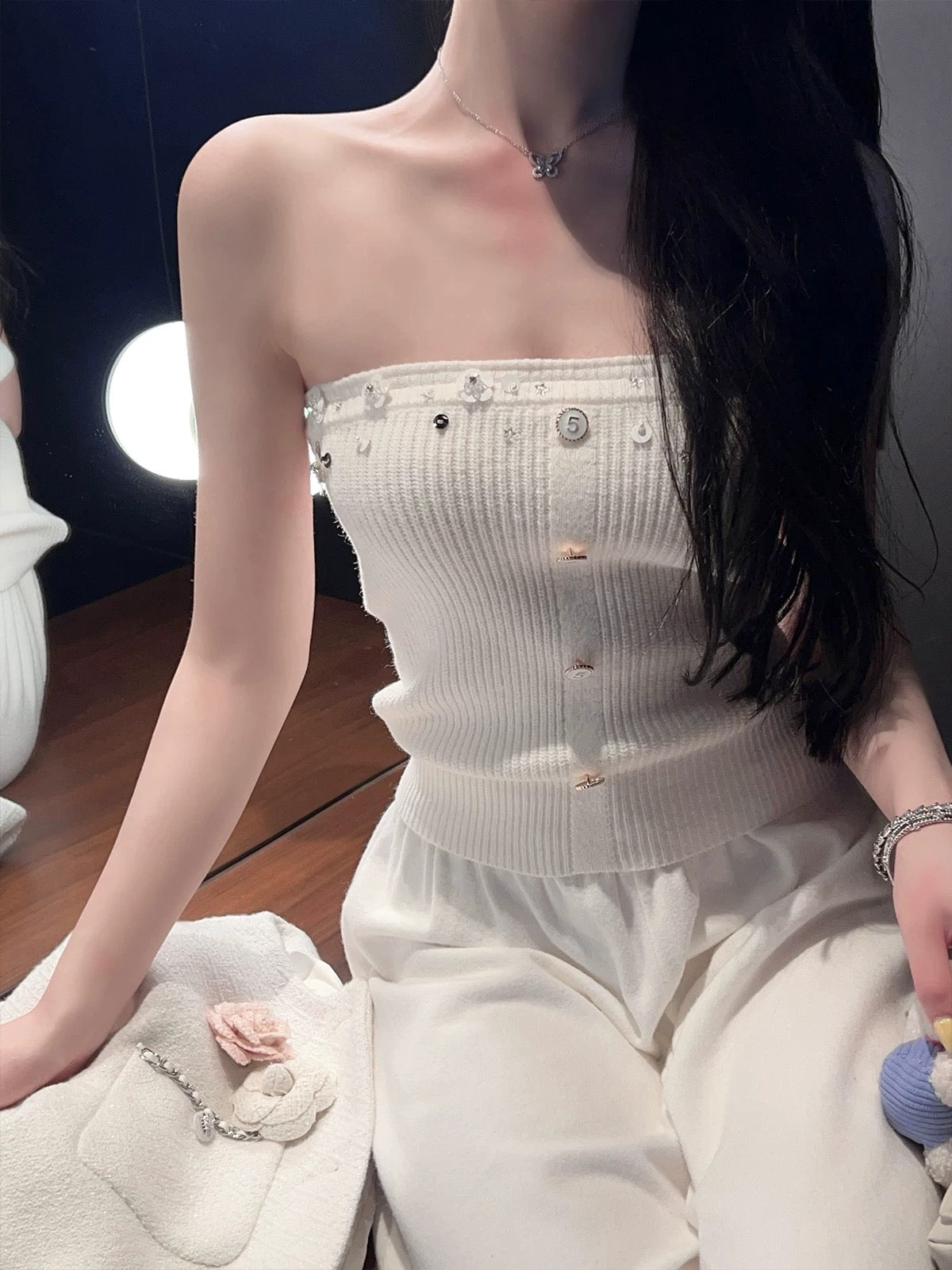 FairyJiang Spring New Slim White Knitted Sweater Top Women's Short Stretch Inner Tube Top