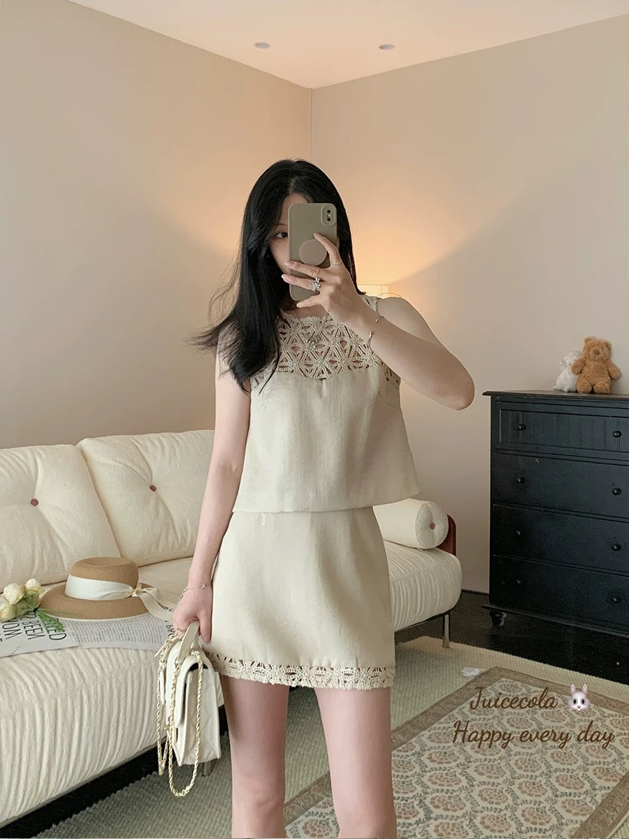 juicecola Gentle retro unique woven pattern atmosphere slimming and age-reducing top and skirt two-piece set